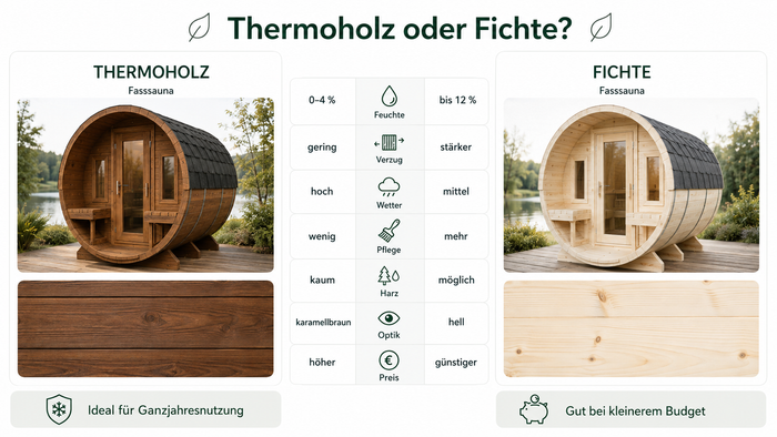 Fasssauna aus Thermoholz: Modelle & Fichte-Vergleich