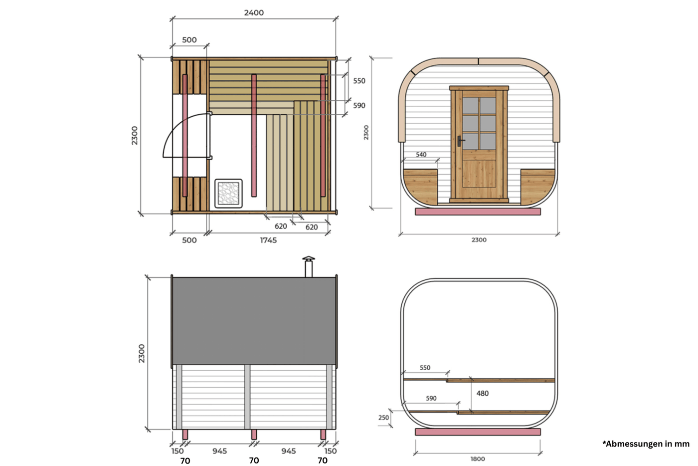 KOMPLETTANGEBOT: PREMIUM Fasssauna CUBE 230 x 240 cm mit Elektroofen | Thermoholz | BLACK