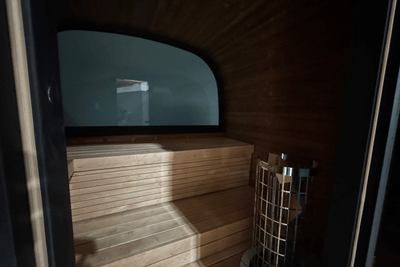 KOMPLETTANGEBOT: PREMIUM Fasssauna CUBE 230 x 240 cm mit Elektroofen | Thermoholz | BLACK